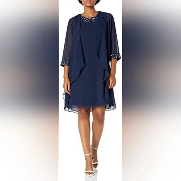 Womens Chiffon SLNY Deep Navy Beaded Cuff Dress Cover Up Size 16 - Picture 1 of 8